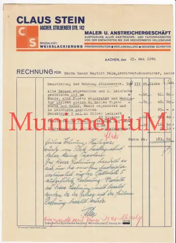 Maler- & Anstreichergeschäft C. Stein AACHEN - Rechnung Briefbogen 1940