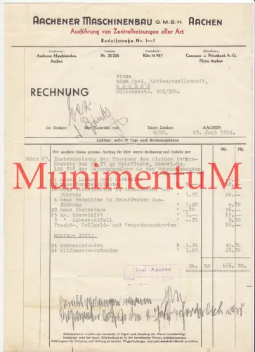 Aachener Maschinenbau Zentralheizungen AACHEN - Rechnung 1934 für ADAM OPEL AG