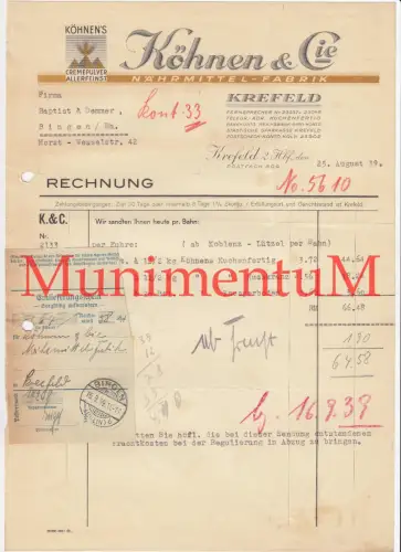 Nährmittel-Fabrik Köhnen & Cie. KREFELD - Rechnung 1939 mit Einlieferungsschein