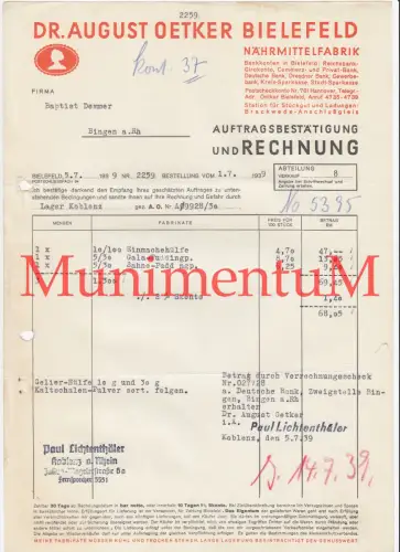 Dr. Oetker BIELEFELD - Auftragsbestätigung & Rechnung 1939 nach BINGEN