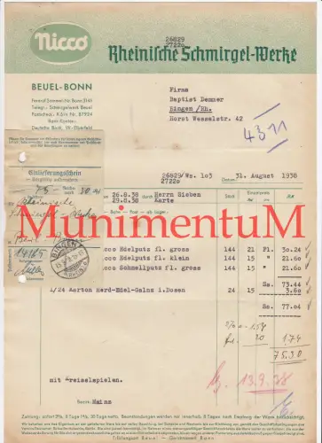 Rheinische Schmirgel-Werke BEUEL BONN Nicco - Rechnung Einlieferungsschein 1938