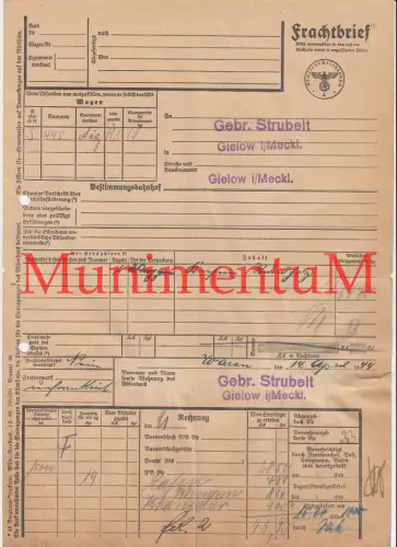 Frachtbrief WAREN (Müritz) 1944 Kiefern-Rundholz Gebr. Strubelt GIELOW