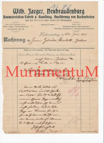 Baumaterialien-Fabrik & -handlung W. Jaeger NEUBRANDENBURG - Rechnung 1901