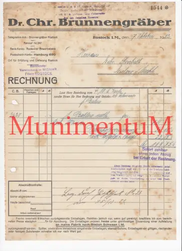 Dr. Chr. Brunnengräber ROSTOCK - Rechnung Briefbogen 1922 nach GIELOW
