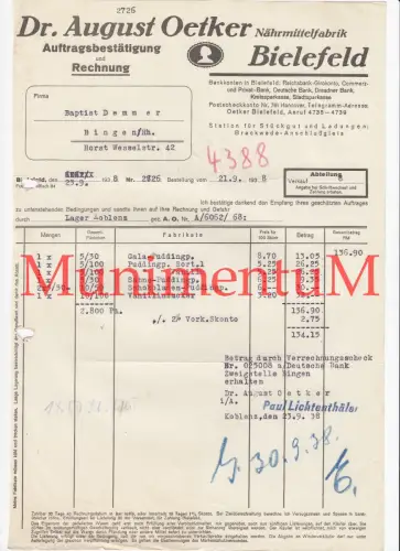 Dr. Oetker BIELEFELD Lager KOBLENZ P. Lichtenthäler - Rechnung 1938
