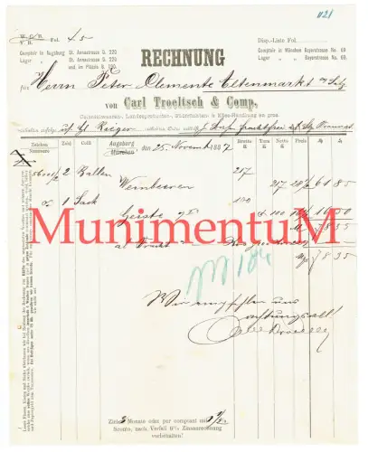 C. Troeltsch & Comp. Colonialwaren AUGSBURG - Rechnung 1887 ALTENMARKT Salzburg?