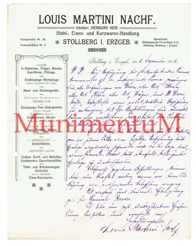 Stahl- Eisen- Kurzwarenhandlung Louis Martini Nachf. STOLLBERG - Rechnung 1910