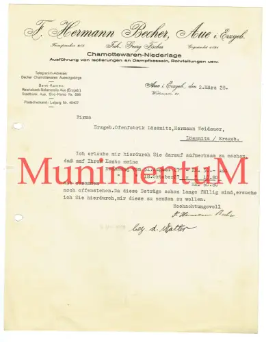 Chamottenwaren-Niederlage Hermann Becher AUE i. Erzgebirge - Rechnung 1928