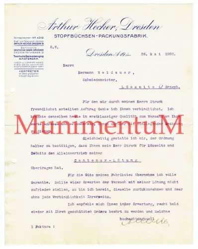 Stopfbüchsen-Packungsfabrik Arthur Hecker DRESDEN - Dank & Offerte Reklame 1908
