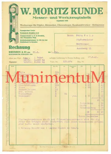Messer- & Werkzeugfabrik Moritz Kunde DRESDEN - Rechnung 1941 n. GARDELEGEN