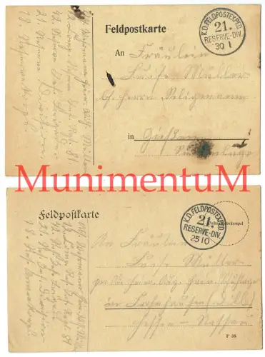 2 Feldpostkarten 21. RESERVE-DIVISION Res.-Inf.-Regiemnt 81 GIEßEN + FROHNHAUSEN