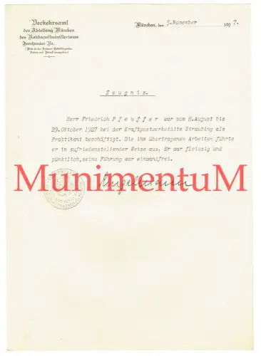 Verkehrsamt MÜNCHEN Reichspostministerium Zeugnis 1927 Postwerkstätte STRAUBING