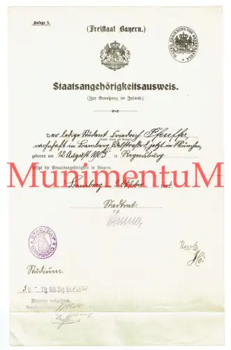 Staatsangehörigkeitsausweis Ausweis BAMBERG i BAYERN 1924 Student aus REGENSBURG