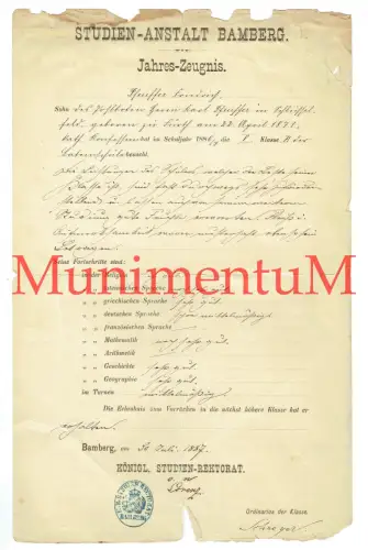 Jahres-Zeugnis Königliche Bayerische Studien-Anstalt BAMBERG 1887 Pfeuffer FÜRTH
