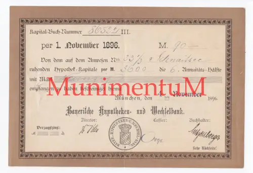 Bayerische Hypotheken & Wechselbank MÜNCHEN Annuitätenzahlung 1896 SCHNAITSEE