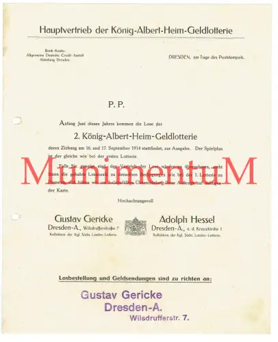 König-Albert-Heim-Geldlotterie DRESDEN | Ziehung 1914 Briefbogen Glücksspiel WK1