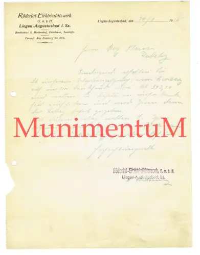 Rödertal-Eletrizitätswerk LIEGAU - AUGUSTUSBAD i. Sa. | Rechnung Briefbogen 1918