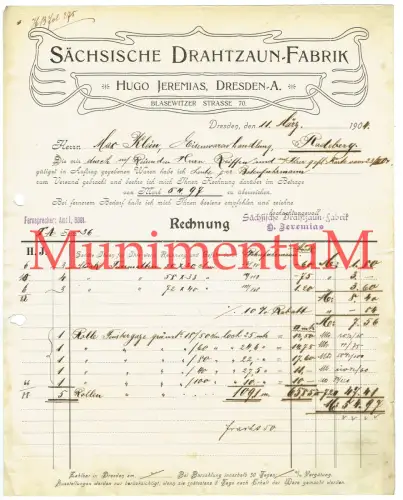 Sächsische Drahtzaun-Fabrik Jeremias DRESDEN - Rechnung Briefbogen Reklame 1904