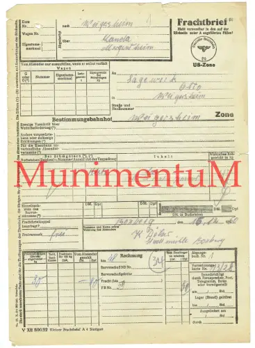 Frachtbrief Stadtmühle BOXBERG WÖLCHINGEN 1950 JESINGEN MERGENTHEIM US-Zone