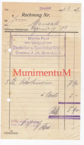 Versand deutscher & spanischer Weine Martin Paul DRESDEN - Rechnung 1937