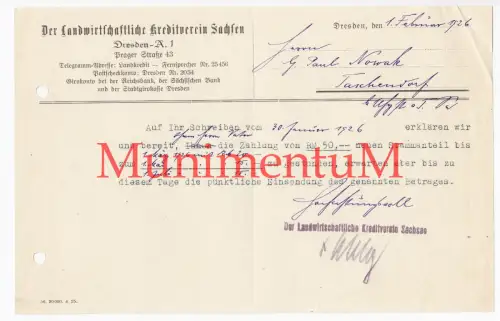 Landwirtschaftliche Kreditverein Sachsen DRESDEN - Rechnung 1926 TASCHENDORF