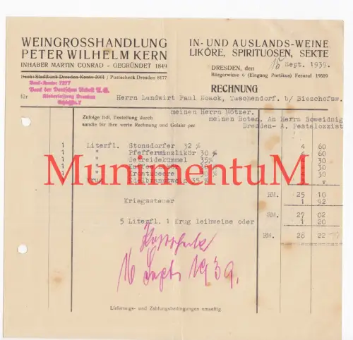 Weingroßhandlung P. W. Kern DRESDEN - Rechnung 1939 inkl. Kriegssteuer Mötzer