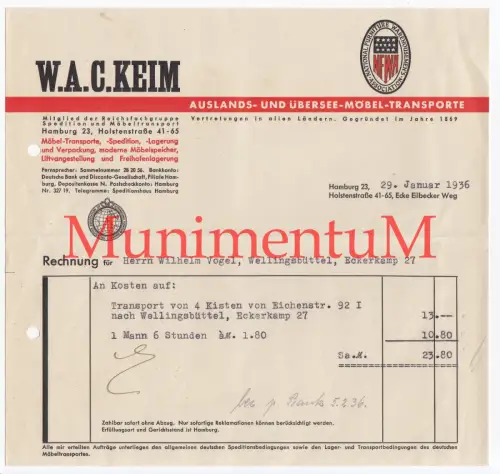Auslands- & Übersee-Möbel-Transporte Keim HAMBURG - Rechnung 1936 WELLINGSBÜTTEL