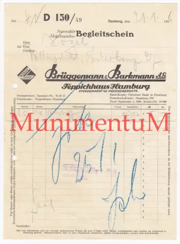 Teppichhaus HAMBURG Brüggemann & Barkmann AG - Begleitschein 1936 WELLINGSBÜTTEL