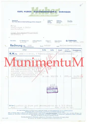 Blechwarenfabrik Karl Huber ÖHRINGEN - Rechnung 1954 nach KARLSRUHE GRÜNWINKEL