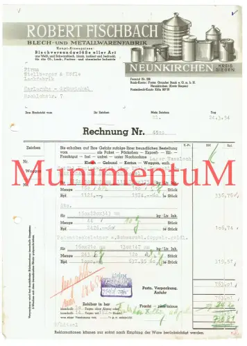Blech- & Metallwarenfabrik Robert Fischbach NEUNKIRHCEN SIEGEN - Rechnung 1954