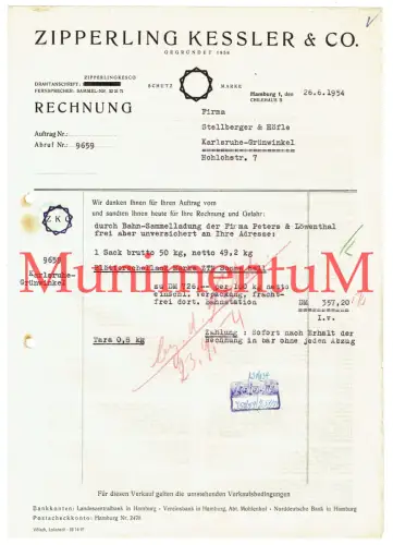 Schutzmarke Zipperling Kessler & Co. HAMBURG - Rechnung Briefbogen 1954