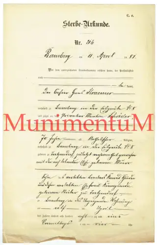 Sterbeurkunde v. 1881 BAMBERG Martin Schäder aus TRETZENDORF Ehefrau geb. Murr