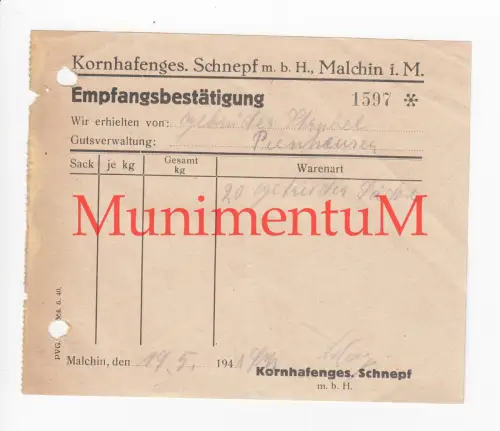 Kornhafengesellschaft Schnepf MALCHIN - Empfangsbestätigung 1941