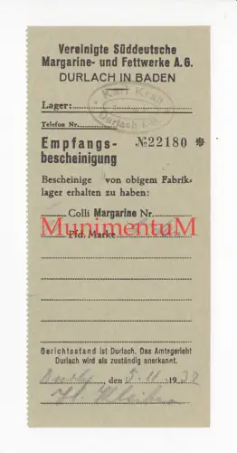 Vereinigte Süddeutsche Margarine- & Fettwerke AG DURLACH - Empfangsbescheinigung