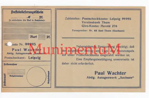 Autogenwerk Sachsen Paul Wachter HEROLD Erzgebirge Postauftrag 1928