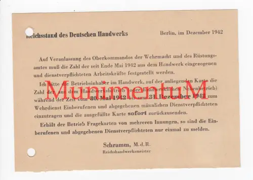 Reichsstand des Deutschen Handwerks BERLIN - Postkarte 1942 Abfrage Einberufene
