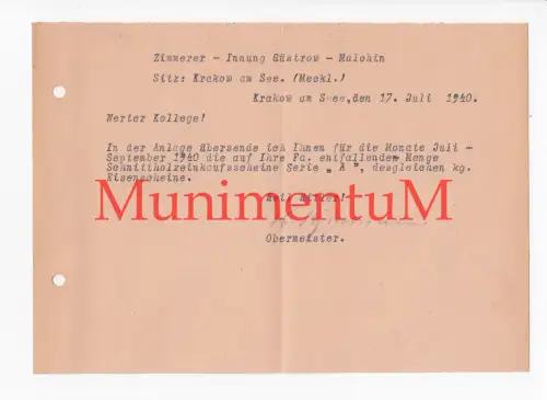 Zimmerer-Innung GÜSTROW MALCHIN Sitz KRAKOW AM SEE - Schreiben 1940