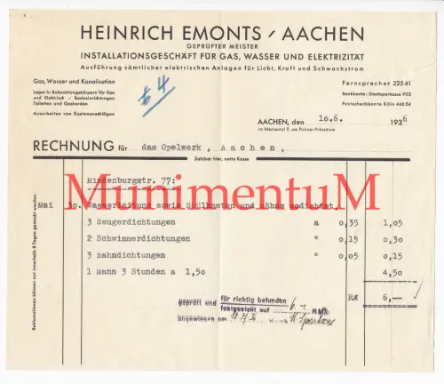 Installationsgeschäft Heinrich Egmonts AACHEN - Rechnung 1936 Opelwerk Aachen