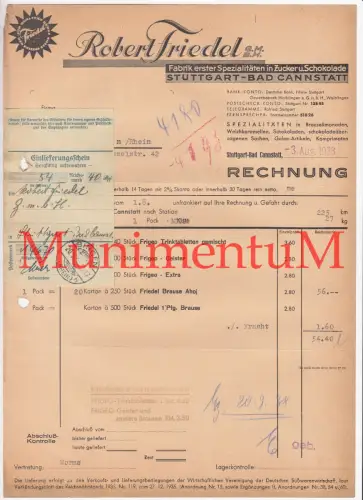 Fabrik Zucker & Schokolade Robert Friedel STUTTGART CANNSTATT - Rechnung 1938