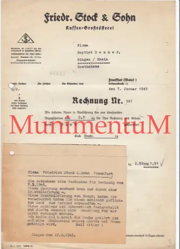Kaffee-Großrösterei F. Stock & Sohn FRANKFURT - Rechnung 1943 augekl. Nachricht