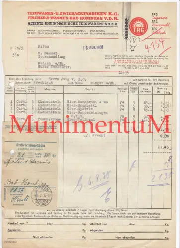 Teigwaren Zwiebackfabriken BAD HOMBURG v.d.H. Rechnung Einlieferungsschein 1938