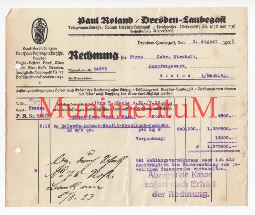 Paul Roland PAROLA DRESDEN-LAUBEGAST | Rechnung 1923 Bahnstation NIEDERSEDLITZ
