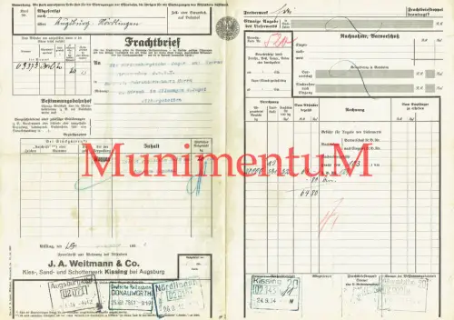 Frachtbrief 1934 Kies Sand & Schotterwerk Weitmann & Co. KISSING WILBURGSTETTEN