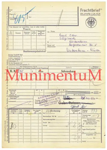 Frachtbrief 1954 Spedition Andreas Christ Frankenhof HEILBRONN nach WEIKERSHEIM