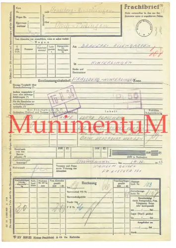 Frachtbrief 1953 W. Geisel UNTERHAUSEN (LICHTENSTEIN) n. STRASSBERG-WINTERLINGEN