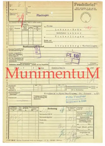 Frachtbrief 1953 Spezialmalz-Fabrik Fritz Fischer KIRCHHEIM a. Ries BOPFINGEN