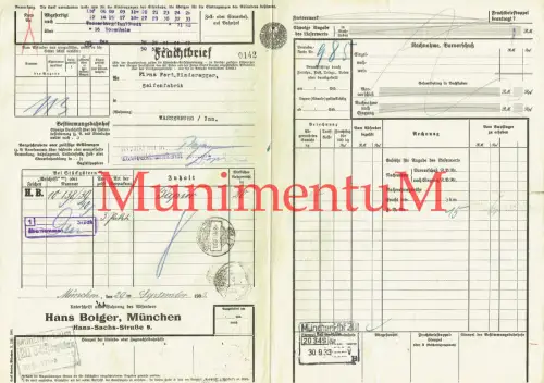 Frachtbrief 1933 Hans Boiger MÜNCHEN Papier nach WASSERBURG / Inn | DRG