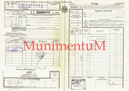 Frachtbrief 1933 Niederlage Parfümerie MÜNCHEN Papier nach WASSERBURG Inn | DRG