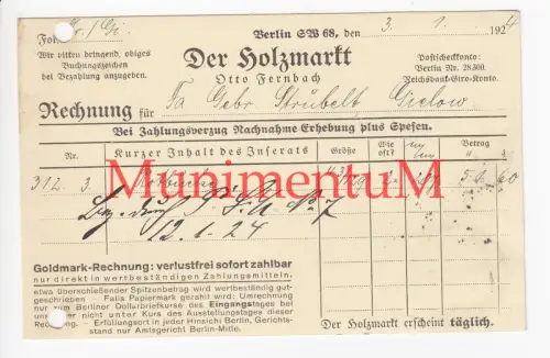 Der Holzmarkt BERLIN Otto Fernbach - Rechnung Inserat 1924 Rotbuche