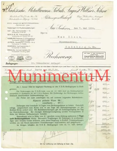 Sächsische Metallwaren-Fabrik A. Wellner Söhne AUE i. ERZGEBIRGE - Rechnung 1924